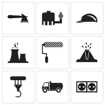 Set Of 9 simple editable icons such as socket, truck, crane, volcano, roller, Stock Illustration