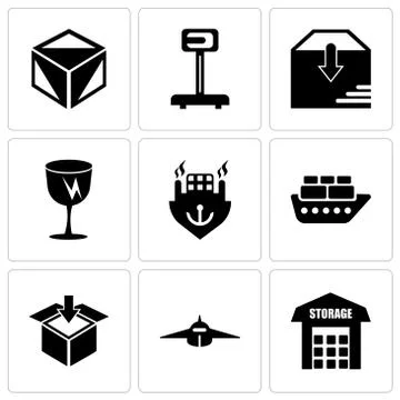 Set Of 9 simple editable icons such as Storage, Airplane frontal view, Delive Stock Illustration