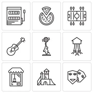 Set Of 9 simple editable icons such as Theater, Playground, Machine, Park, El Stock-Illustration