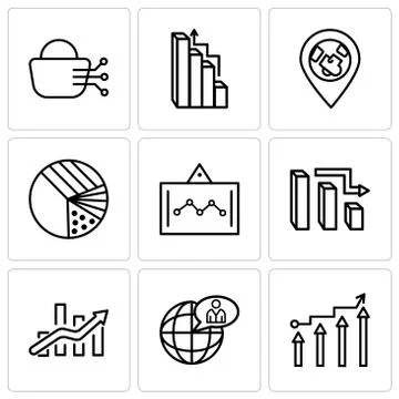Set Of 9 simple editable icons such as Binary Processed Mobile Analysis, Glob イラスト素材