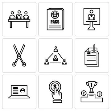 Set Of 9 simple editable icons such as contest, click, laptop, transcript, co Illustrazione stock