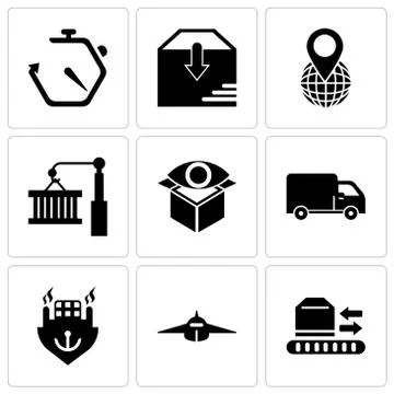 Set Of 9 simple editable icons such as Logistics package, Airplane frontal vi Stock Illustration