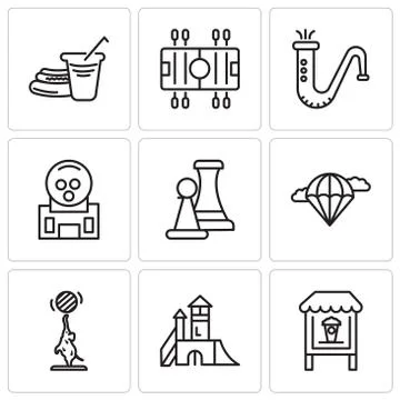 Set Of 9 simple editable icons such as Popcorn, Playground, Elephant, Parachu 스톡 일러스트