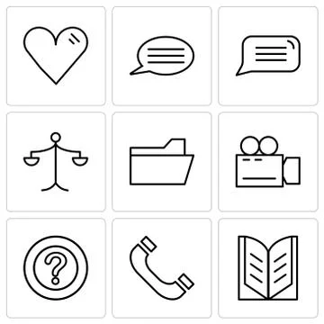 Set Of 9 simple editable icons such as Open book, Headphones, Question mark,  Stock Illustration