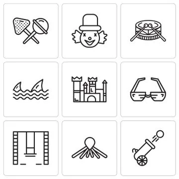 Set Of 9 simple editable icons such as Cannon, Balloon dog, Swings, 3d glasse Stock Illustration