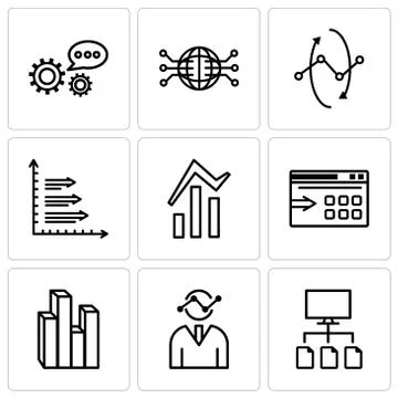 Set Of 9 simple editable icons such as Data flow, Human graphics, Stream grap Stock Illustration