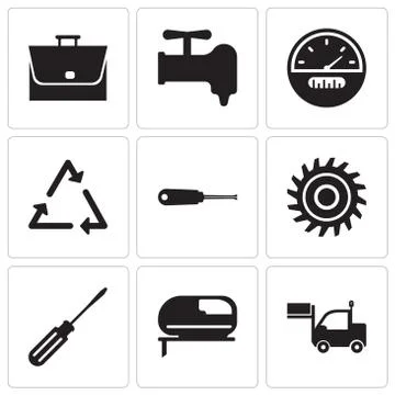 Set Of 9 simple editable icons such as lorry, jigsaw, screwdriver, saw blade, Stock Illustration