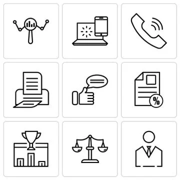 Set Of 9 simple editable icons such as business man, scales, 1st place, docum Stock Illustration