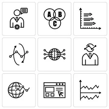 Set Of 9 simple editable icons such as Chart, Data import interface, Flow cha Stock Illustration