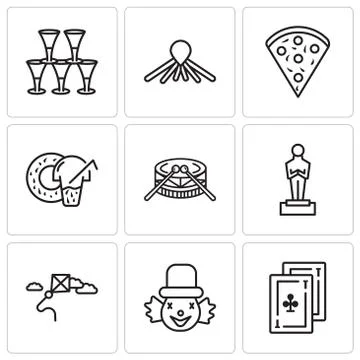 Set Of 9 simple editable icons such as Cards, Clown, Kite, Oscar, Drums, Donu Stock Illustration