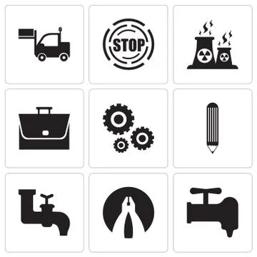 Set Of 9 simple editable icons such as crane, flat plyer, faucet, pencil, set Stock-Illustration