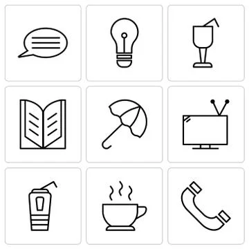 Set Of 9 simple editable icons such as Headphones, Cup of hot coffee, Paper c Illustrazione stock