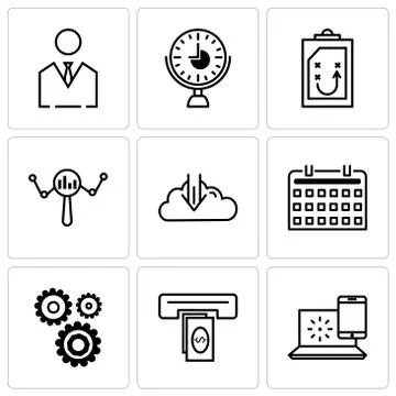 Set Of 9 simple editable icons such as internet, cash, settings, keyboard, ro Illustrazione stock