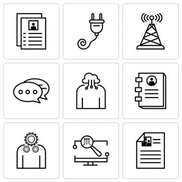 Set Of 9 simple editable icons such as Monitor, Settings, Contact book, Cloud 스톡 일러스트