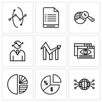 Set Of 9 simple editable icons such as Globe Connected Circuit, Pie chart inf Stock-Illustration