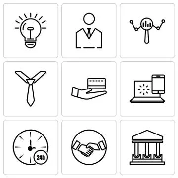 Set Of 9 simple editable icons such as government building, hand shaking, wat Stock Illustration