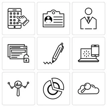 Set Of 9 simple editable icons such as Search data, pie chart, search, intern Stock Illustration