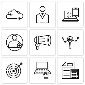Set Of 9 simple editable icons such as document &amp; calculator, computer, targe Illustrazione stock