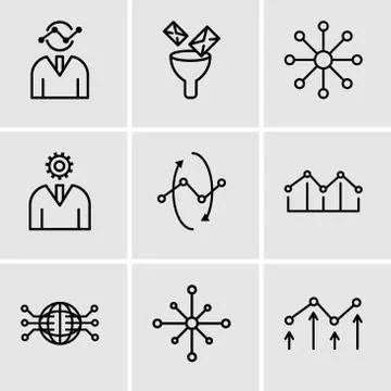 Set Of 9 simple editable icons such as Decreasing chart, Data analytics wheel Stock Illustration