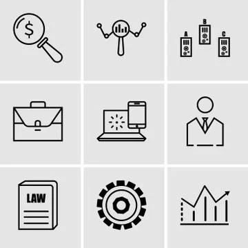 Set Of 9 simple editable icons such as statistic, setting, law book, business Stock Illustration