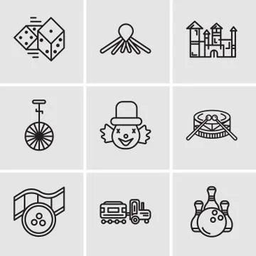 Set Of 9 simple editable icons such as Bowling, Kid, Movie, Drums, Clown, Cir Illustrazione stock