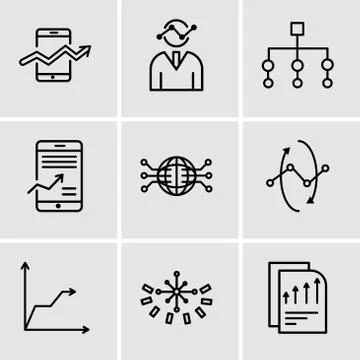 Set Of 9 simple editable icons such as Bars chart page, Data analytics circul Stock Illustration