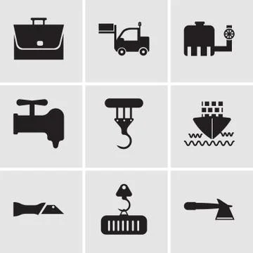 Set Of 9 simple editable icons such as hatchet, crane with load, knife, ship, Illustrazione stock