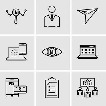 Set Of 9 simple editable icons such as business men, Document, payment, compu Stock Illustration