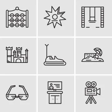 Set Of 9 simple editable icons such as Video camera, Tv, 3d glasses, Sand, Bu Stock Illustration