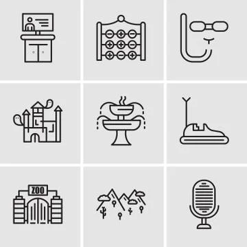Set Of 9 simple editable icons such as Microphone, Mountains, Zoo, Bumper car Stock Illustration