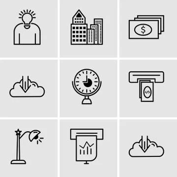 Set Of 9 simple editable icons such as download, Presentation, lightbulb, cas Stock Illustration