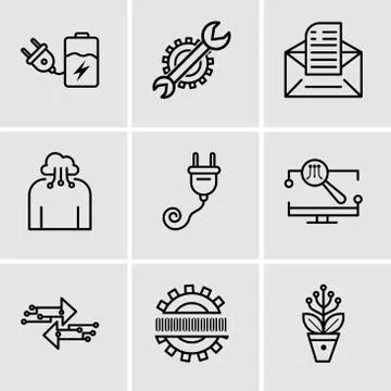 Set Of 9 simple editable icons such as Settings, Binary code, Transfer, Monit イラスト素材