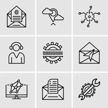 Set Of 9 simple editable icons such as Settings, Email, Hologram, Mail, Binar Stock Illustration