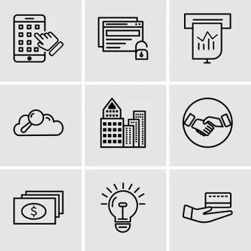 Set Of 9 simple editable icons such as card, bulb, dollar, hand shaking, buil Stock Illustration