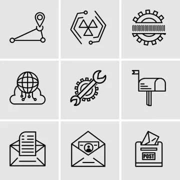 Set Of 9 simple editable icons such as Post box, ID and mail, Email, Mail, Se Illustrazione stock