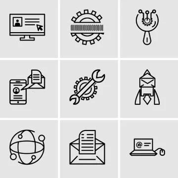 Set Of 9 simple editable icons such as Mail in laptop, Email, Earth globe, Em Stockillustratie