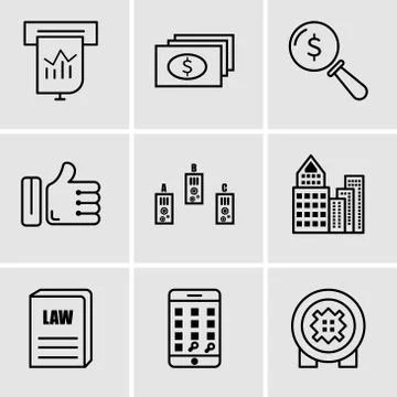 Set Of 9 simple editable icons such as bank safe, telephone, law book, buildi Stock Illustration