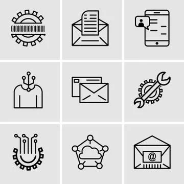 Set Of 9 simple editable icons such as Mail, Cloud computing, Settings, Setti Stock Illustration