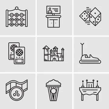 Set Of 9 simple editable icons such as Dinner, Popcorn, Movie, Bumper car, Di Illustrazione stock