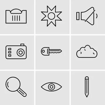 Set Of 9 simple editable icons such as Edit tool, Eye, Magnifying glass, Clou Illustrazione stock
