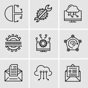 Set Of 9 simple editable icons such as on mail, Cloud computing, Email, Radar Stock Illustration