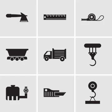 Set Of 9 simple editable icons such as load crane, cutter, water tank, crane, Illustrazione stock