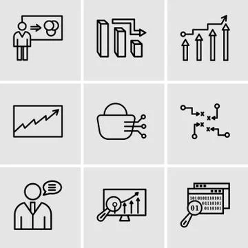 Set Of 9 simple editable icons such as Data search, Analytics Settings, User  Stock Illustration