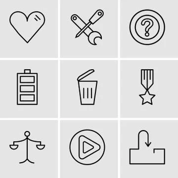 Set Of 9 simple editable icons such as Inbox, Play button, Weighing scale, Me Stock Illustration