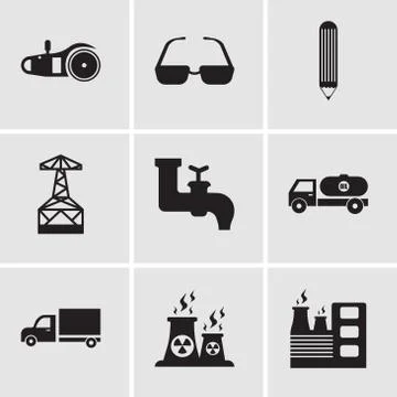 Set Of 9 simple editable icons such as factory, fabric, truck, tipper, faucet Stock Illustration