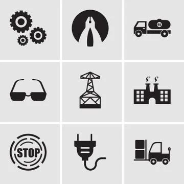 Set Of 9 simple editable icons such as truck, electrical plug, stop, factory, Stock Illustration