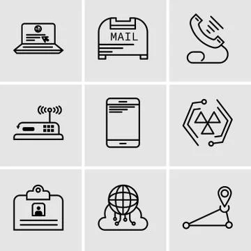 Set Of 9 simple editable icons such as Pin, Cloud computing, Contact ID Card, Stock Illustration