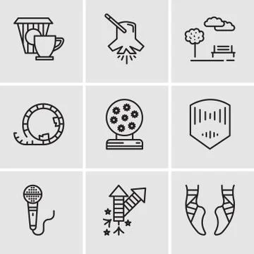 Set Of 9 simple editable icons such as Ballet, Fireworks, Microphone, Mask, M Stock Illustration