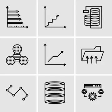 Set Of 9 simple editable icons such as Data settings, data analytics, Nodes c Stock Illustration