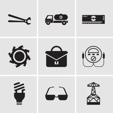 Set Of 9 simple editable icons such as oil derrick, sunglasses, lightbulb, en Stock Illustration